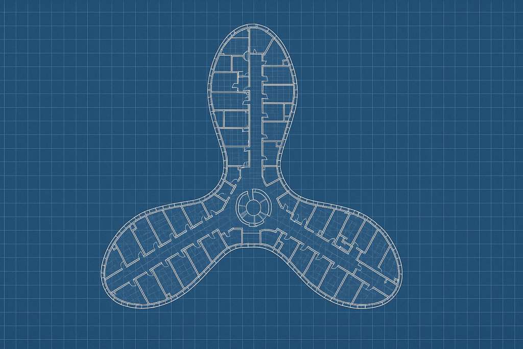 Detailed architectural rendering of the Burj Khalifa’s Y-shaped floor plan inspired by the Hymenocallis flower, blueprint style, clean lines, high clarity.