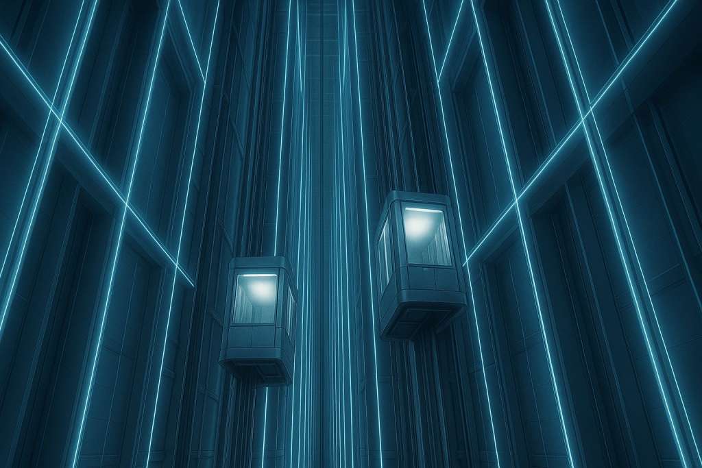 Interior futuristic elevator shaft of a megatall skyscraper, double-deck elevator visualization, engineering style with glowing guidance lines.