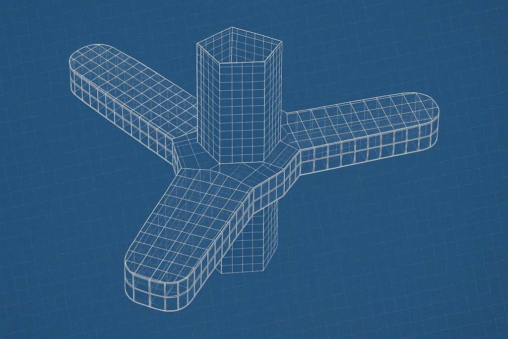 echnical 3D cutaway visualization of the Burj Khalifa buttressed core structural system, showing the central hexagonal core and three extending wings, engineering diagram style.